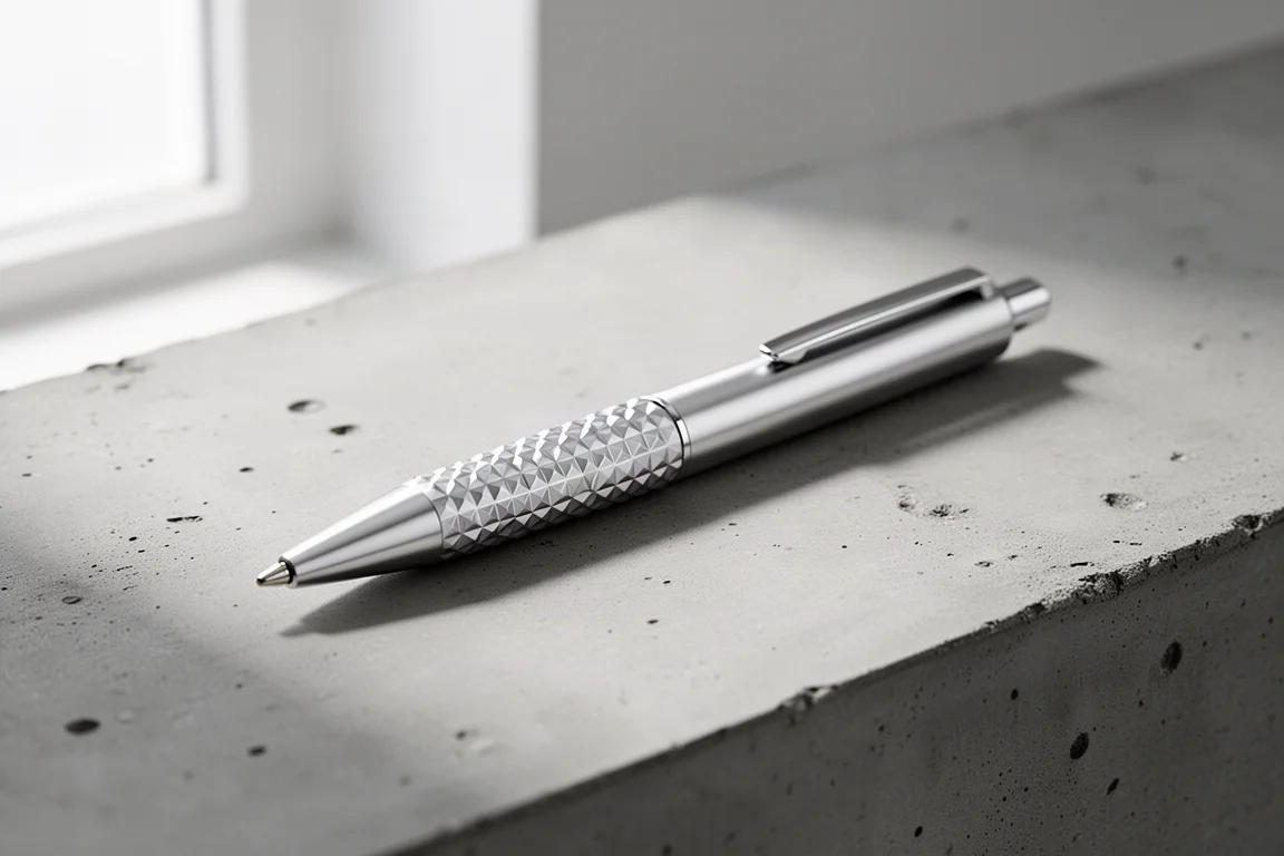 Slim silver ballpoint pen with a raised geometric pattern on its barrel on a concrete surface