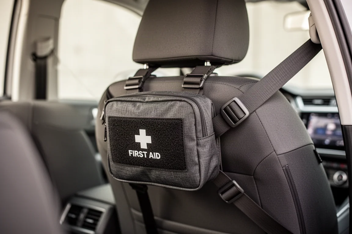 Bolso compacto de botiquín sujeto a la parte trasera de un asiento de coche