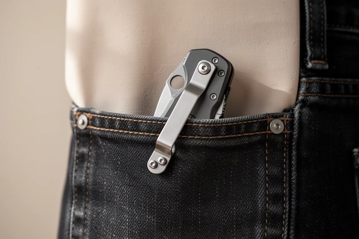 Navaja con clip reversible enganchada dentro del bolsillo de unos vaqueros