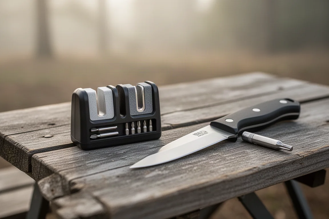Afilador compacto con puntas de destornillador apoyado en una mesa de campamento