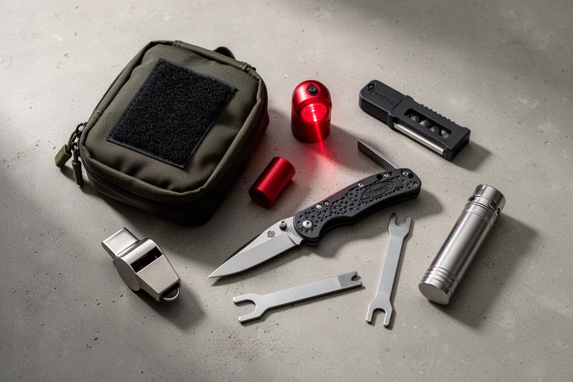 Sette articoli da sopravvivenza e everyday carry disposti in flat lay su una superficie di cemento