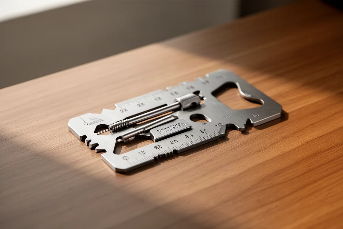 Multitool a forma di carta metallica con alloggiamenti per accendino, righello e apribottiglie su una scrivania in legno