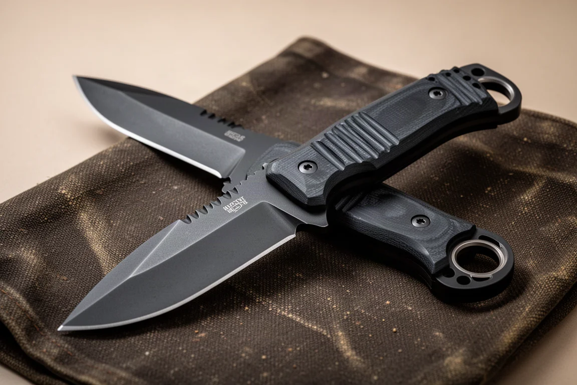 Coltello a lama fissa con manico nero e anello al pomolo appoggiato su tessuto scuro