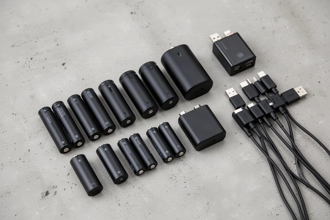 Batterie ricaricabili AA, AAA, C, D e 9V disposte in fila su una superficie in cemento