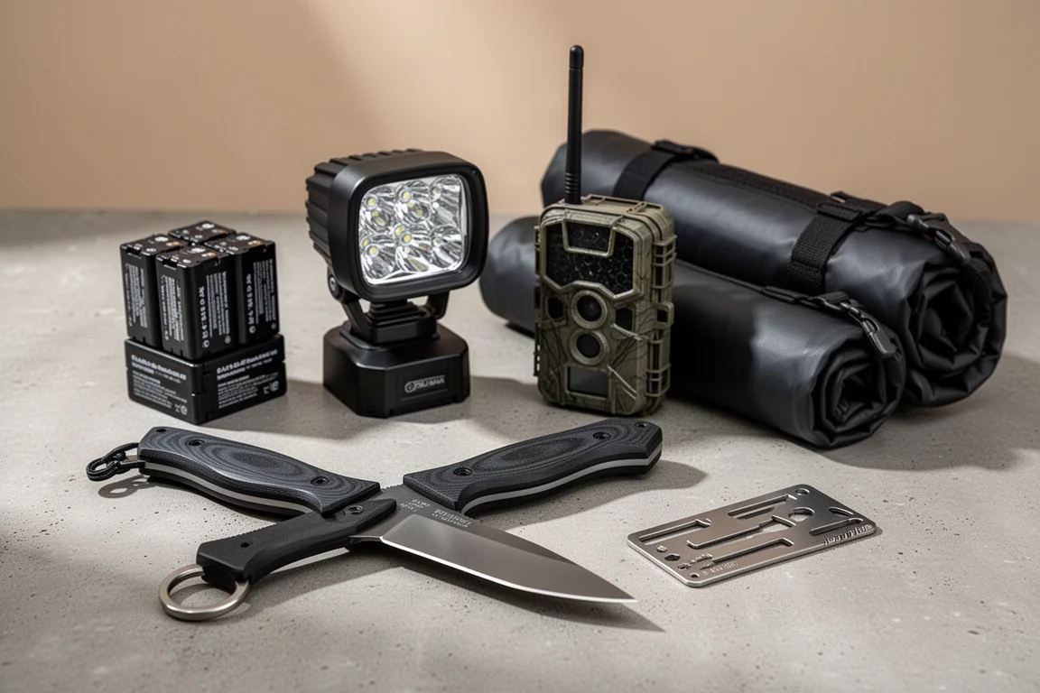 Tactical gear haul including a fixed blade knife, batteries, spotlight, trail camera and dry bags on concrete