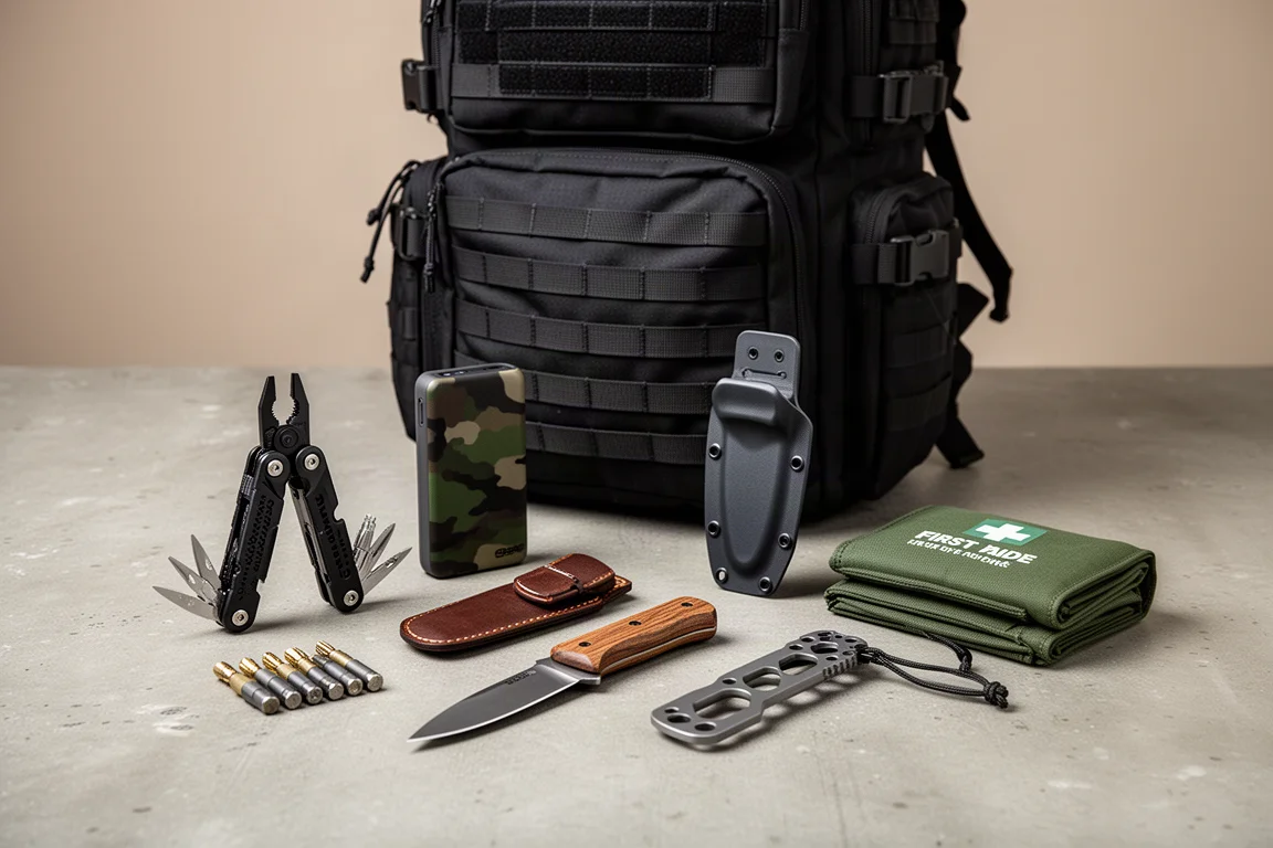Six survival and EDC products including knives, a power bank, a med kit, a multi-tool, and a backpack arranged on concrete
