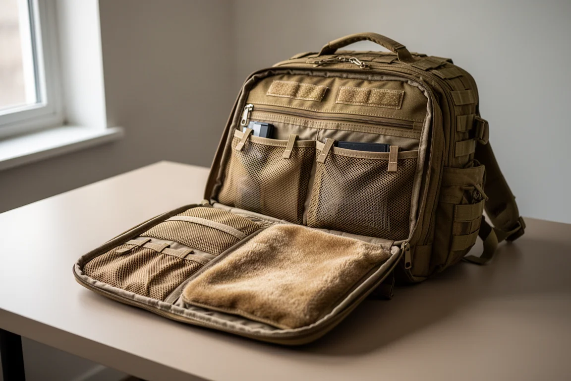 Interior de mochila tática com bolsos de malha e compartimentos acolchoados