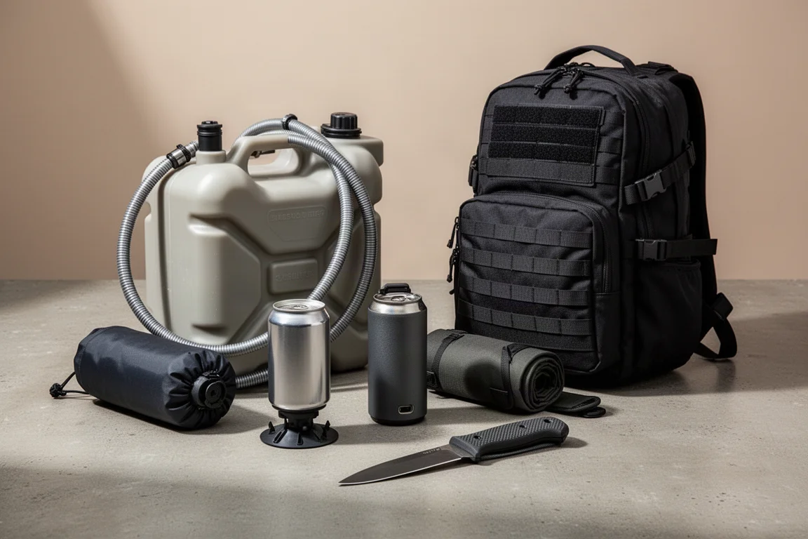 Assortment of tactical and outdoor gear arranged on a concrete surface
