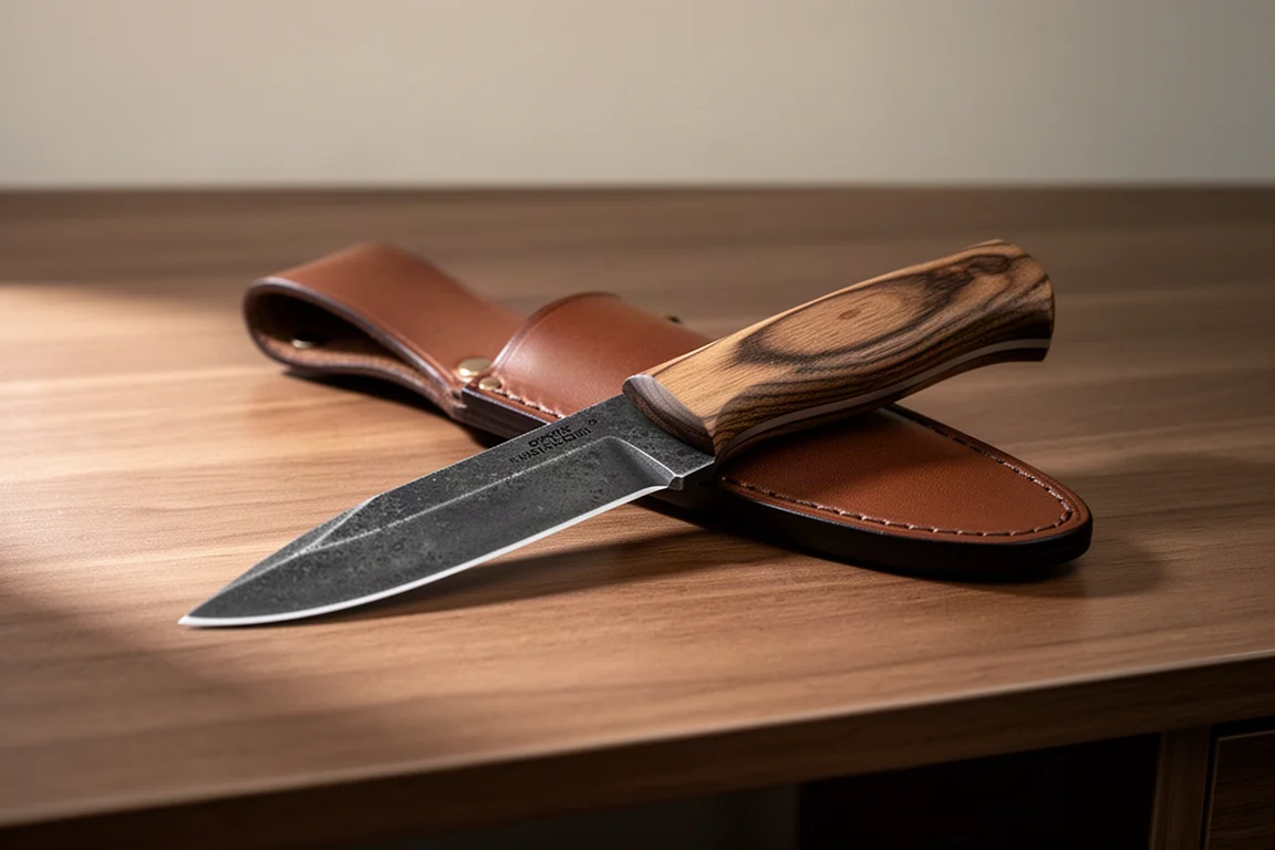 Coltello a lama fissa con manico in noce e fodero in cuoio su una superficie di legno