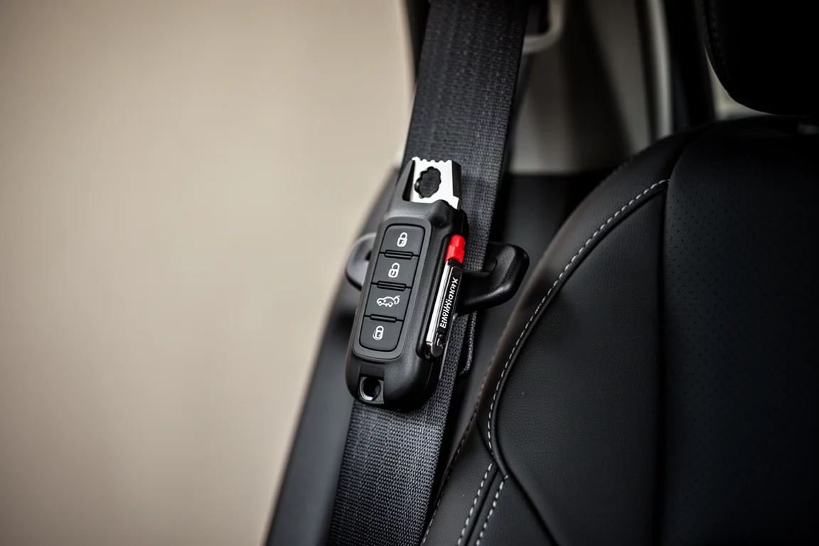 Strumento di emergenza per auto montato vicino al sedile con la cintura di sicurezza visibile