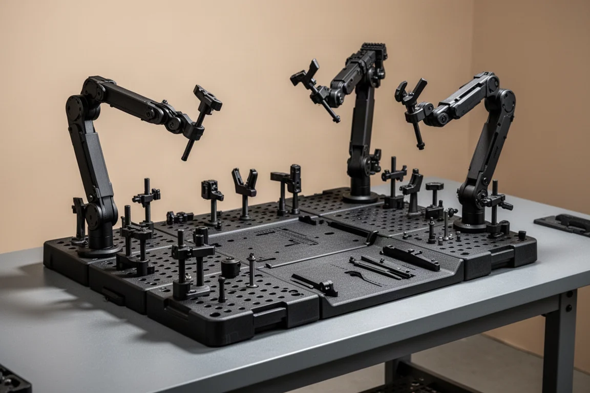 Ampia piattaforma da lavoro tattica con parti modulari assemblate su un banco da lavoro
