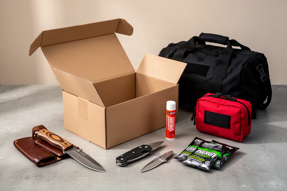 Large tactical gear box unboxed on concrete with knives, duffel bag, and accessories laid out