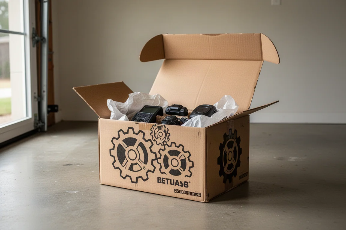 Große Gear-Abonnement-Box geöffnet auf einem Garagenboden mit Verpackungsmaterial im Inneren