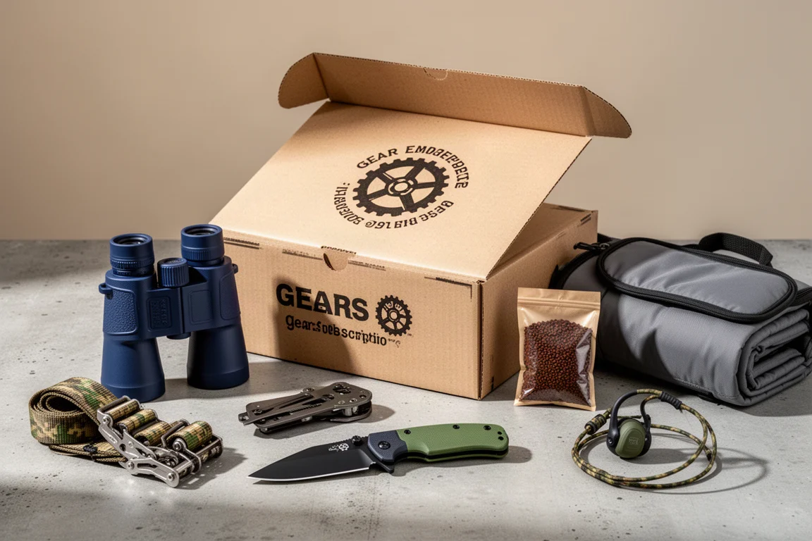 Assortment of outdoor and tactical gear arranged around an open subscription box