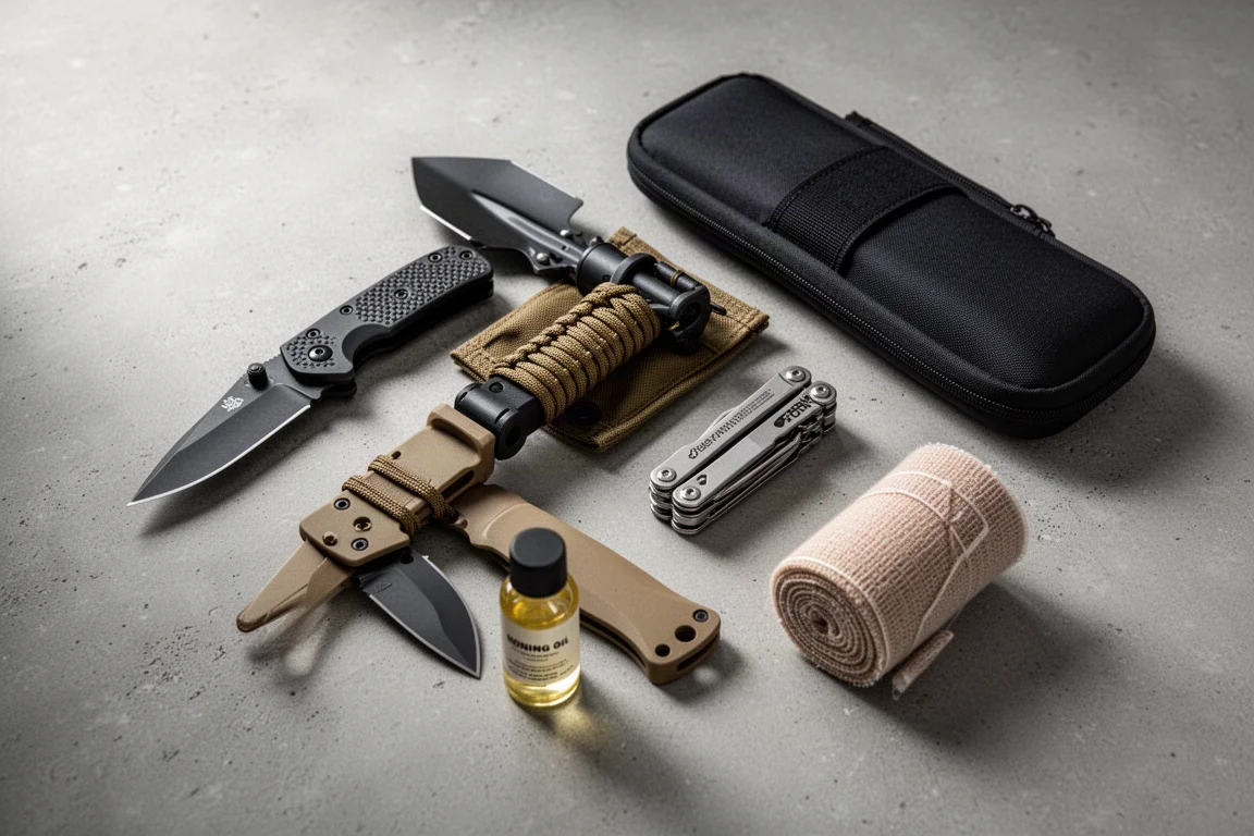 Flat-lay of tactical gear including knives, shovel, multi-tool, and knife case