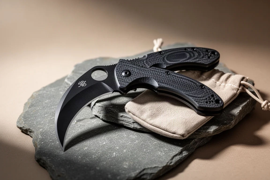 Składany nóż karambit z ciemnymi okładzinami G10, częściowo otwarty, na kamiennej powierzchni