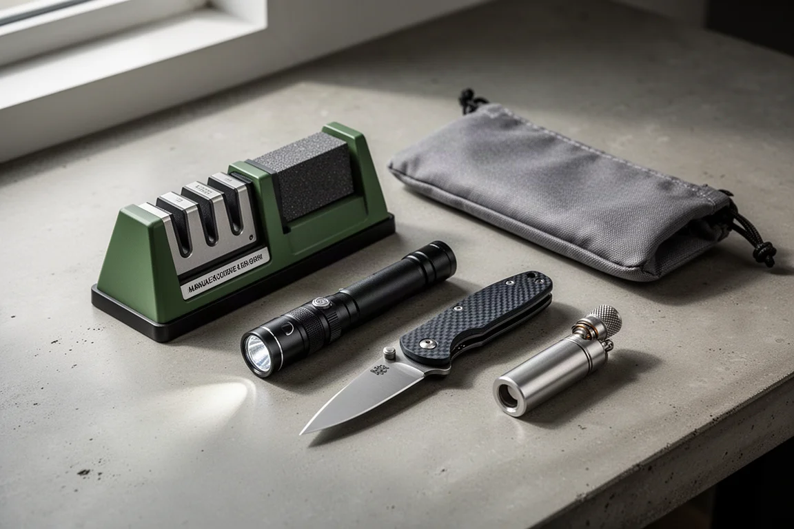 Flat-lay of EDC gear including a knife sharpener, flashlight, folding knife, lighter, and packing pouch