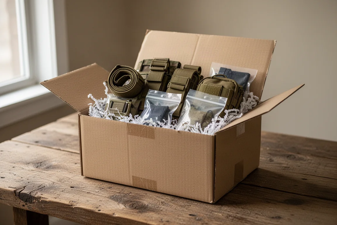 Caja de suscripción abierta llena de equipo táctico sobre una mesa de madera