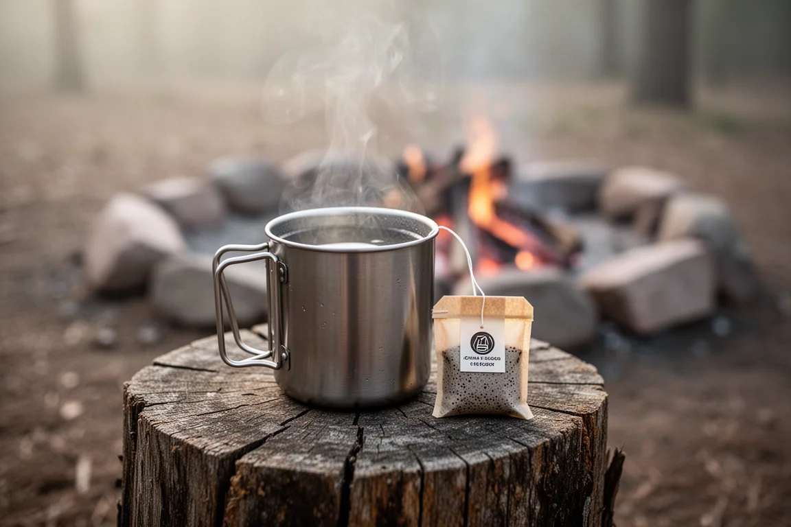 Equipo compacto de café de campamento con bolsas de infusión y una taza metálica al aire libre