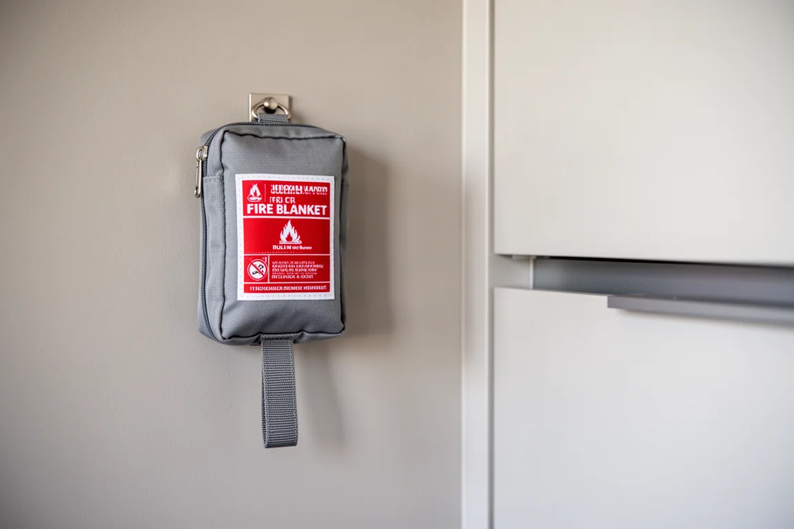 Bolsa de manta contra incendios montada en una pared junto a un armario de cocina