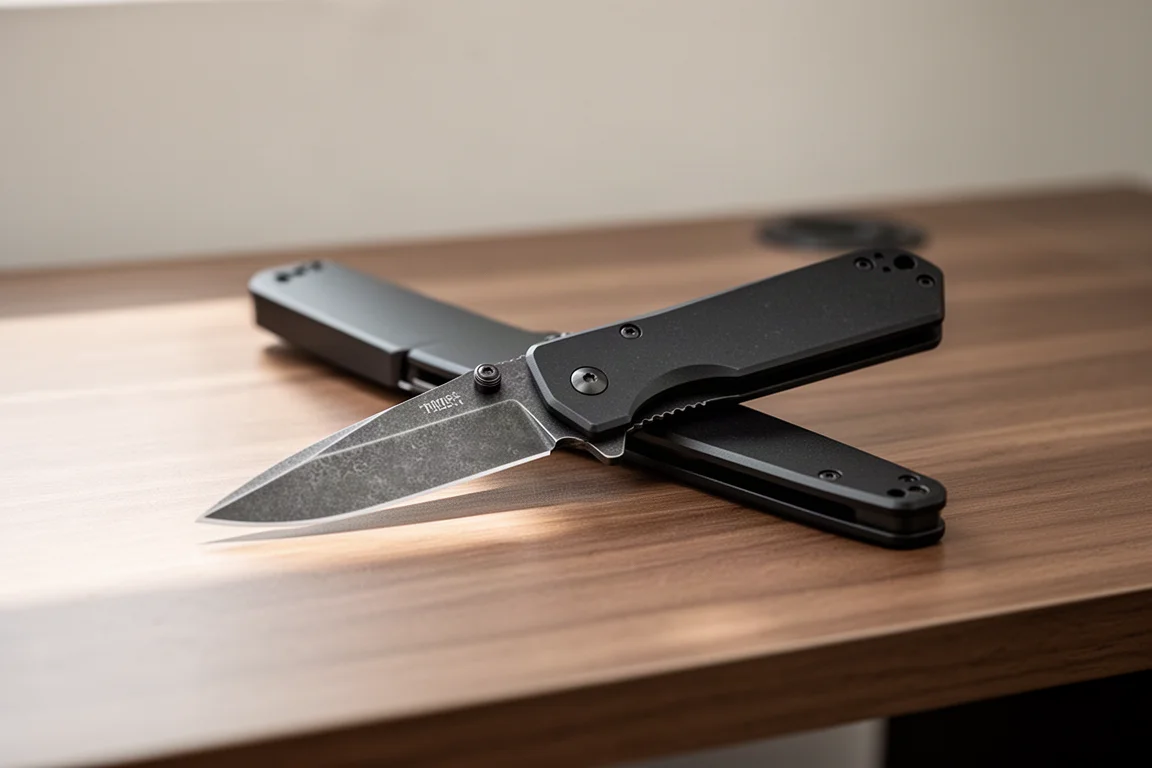 Coltello pieghevole nero con impugnatura in alluminio appoggiato aperto su una scrivania di legno
