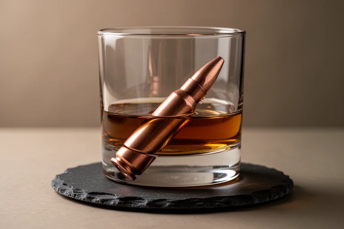 Bicchiere da whiskey con un proiettile di rame solido incastonato nel pesante fondo, liquido ambrato all'interno