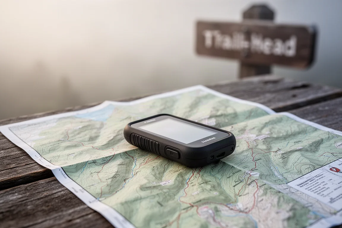 Małe przenośne urządzenie GPS leżące na mapie turystycznej obok rejestru szlaków