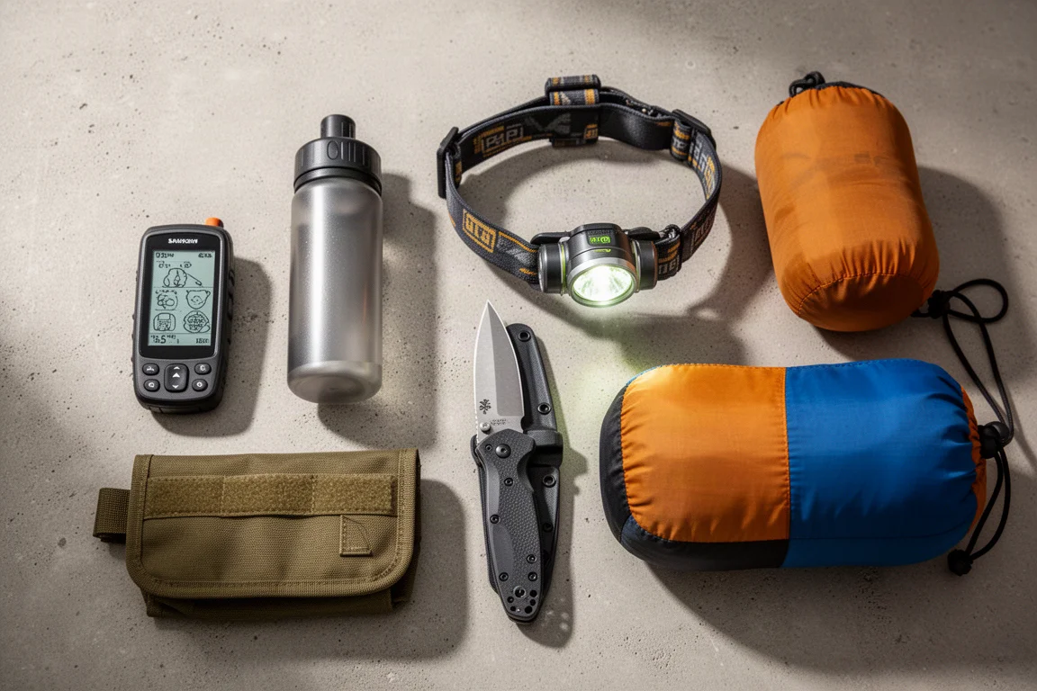 Flat-lay of survival and tactical gear including GPS, purifier bottle, headlamp, folding knife, pouch, and compression sack