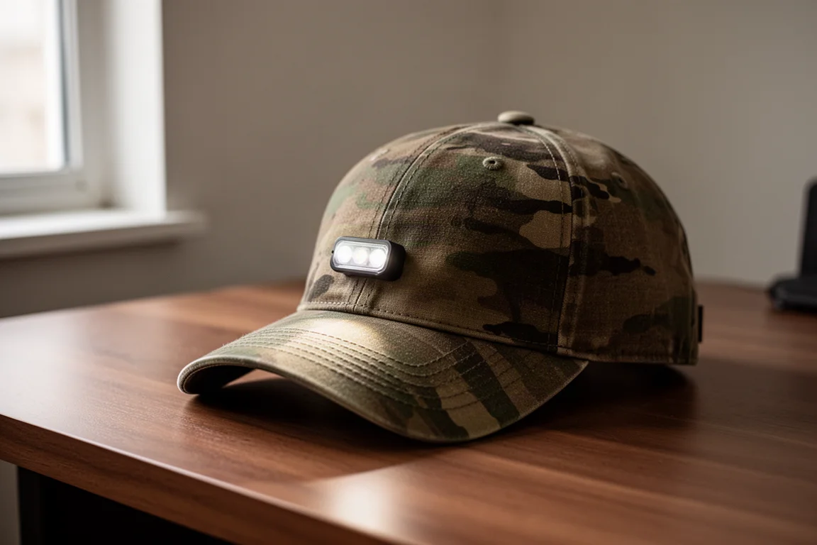 Boné camuflado com uma pequena luz LED na aba, apoiado em uma mesa de madeira