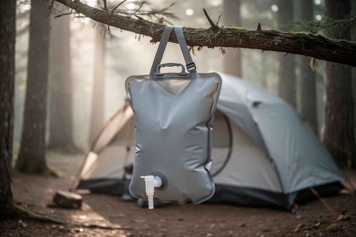 Grande bolsa filtro de água pendurada em um galho de árvore em um acampamento