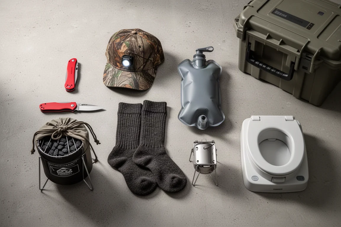Flat-Lay von acht Outdoor- und Survival-Ausrüstungsgegenständen, angeordnet auf einer Betonfläche