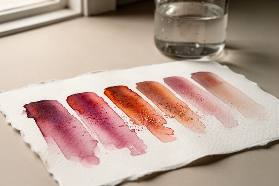 Échantillons de peinture aquarelle déposés en tons dégradés sur un papier texturé