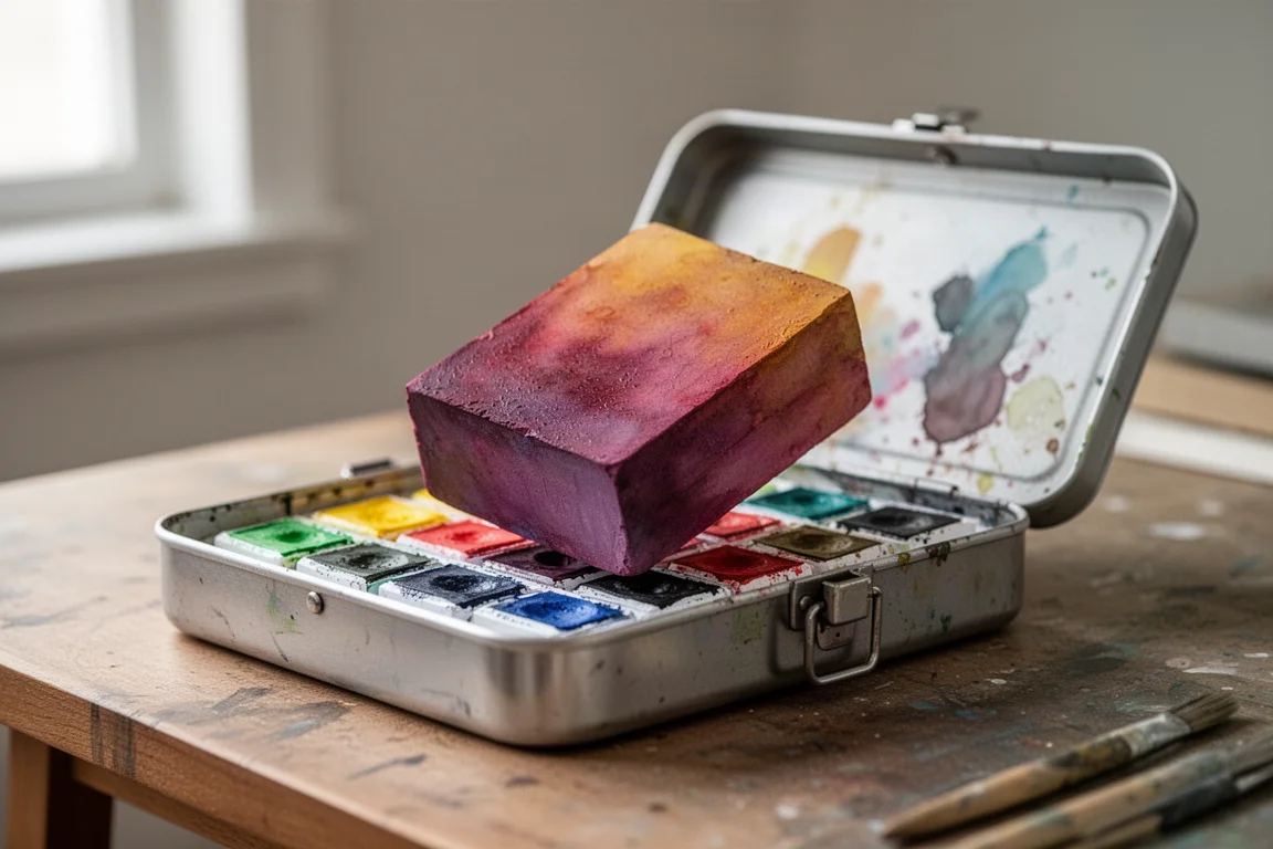 Un godet d'aquarelle épais sorti de son étui de voyage en métal