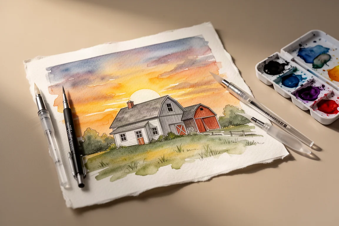 Un artiste croquant une scène de ferme à l'aquarelle et à l'encre sur papier