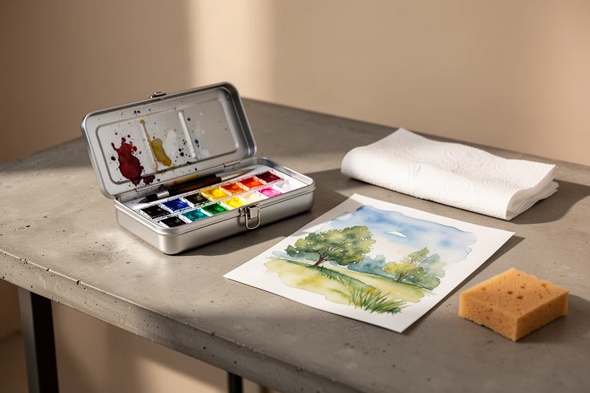 Une boîte d'aquarelle compacte en métal posée sur un bureau à côté d'un croquis terminé