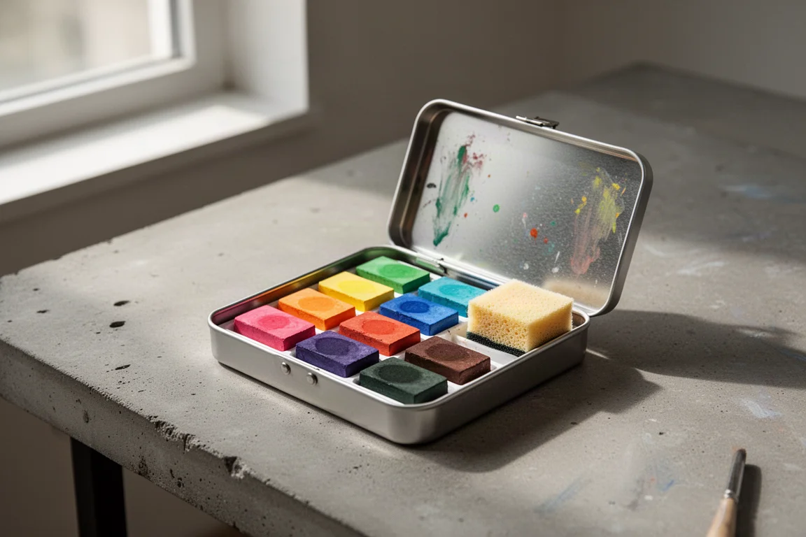 Open metal case holding ten colorful watercolor paint blocks and a small sponge