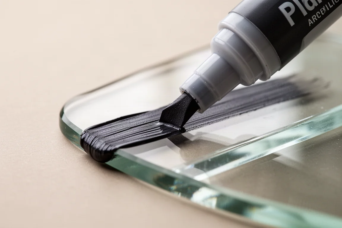 Acryl-Paint-Marker trägt deckende Farbe auf eine Glasfläche auf