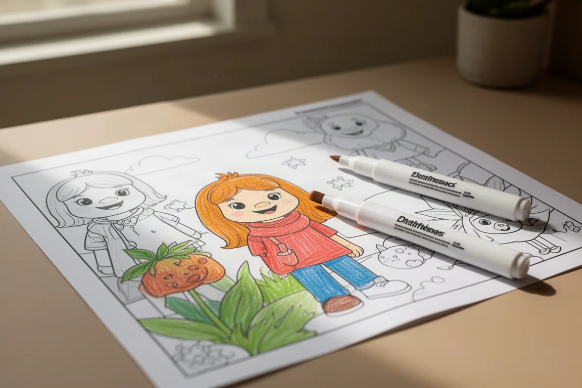 Ausmalbuchseite wird mit Brush-Tip-Markern ausgemalt