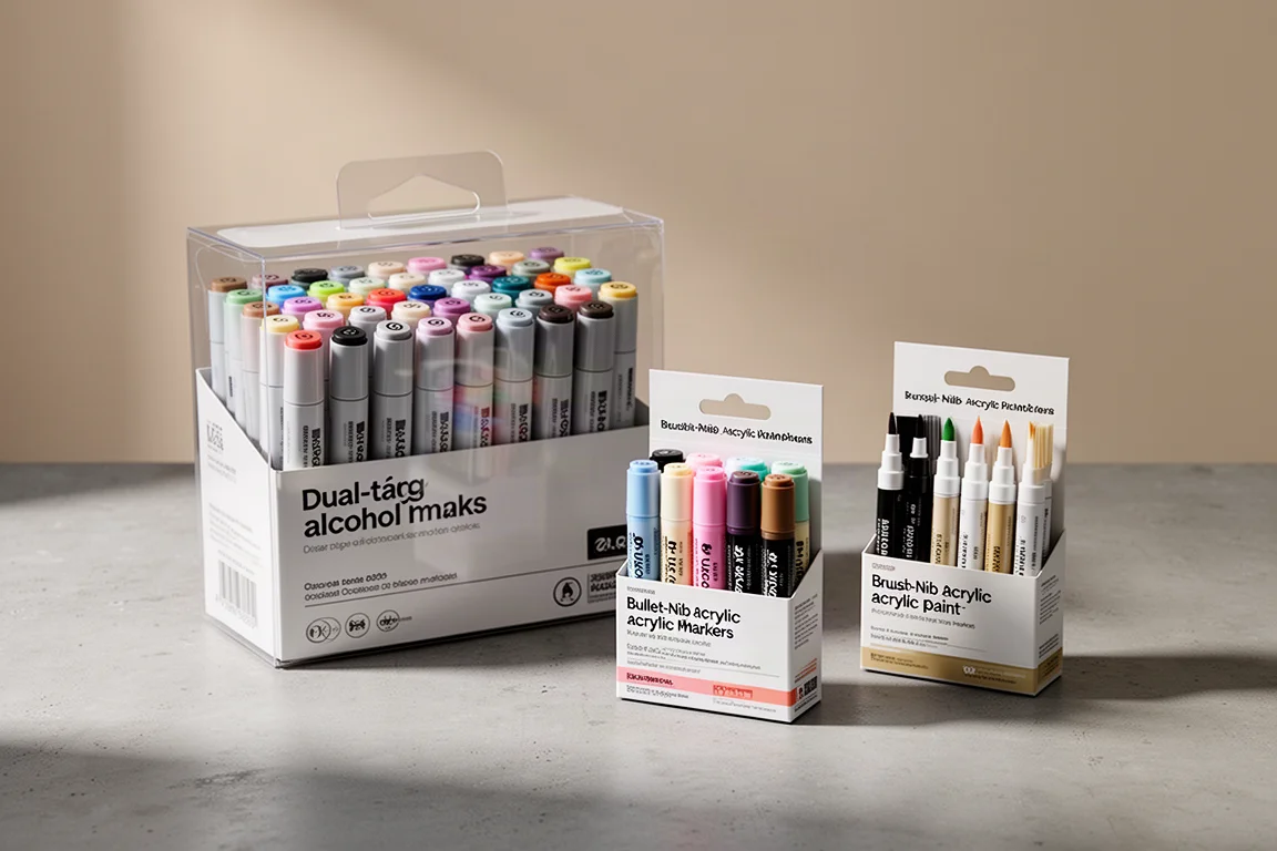 Crayola 酒精性麥克筆組合與兩盒壓克力油漆筆放在水泥地面上的實拍