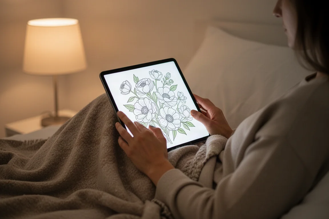 Persoon ontspant in bed en kleurt een bloemenpagina op een tablet in zacht avondlicht