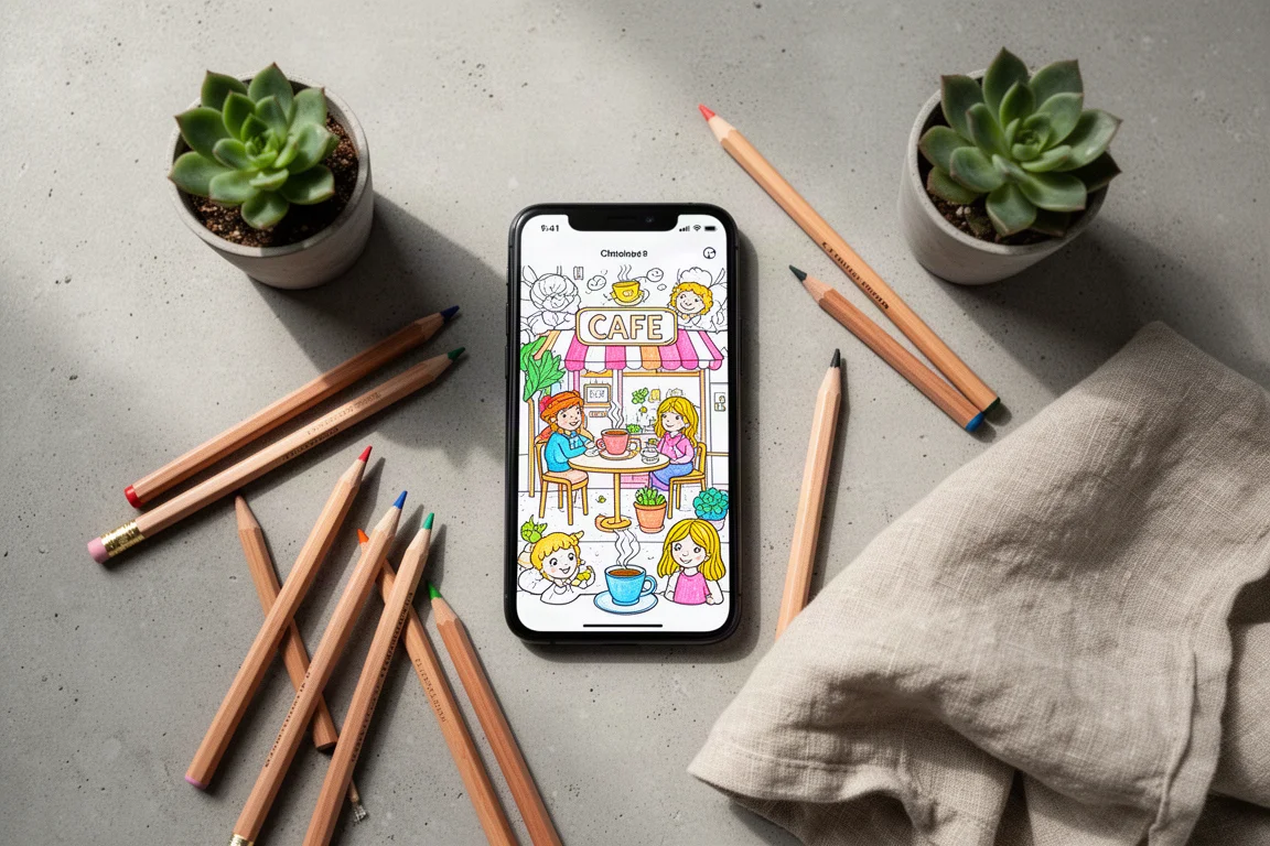 Van bovenaf gefotografeerde smartphone met een kleurapp naast potloden en een plant
