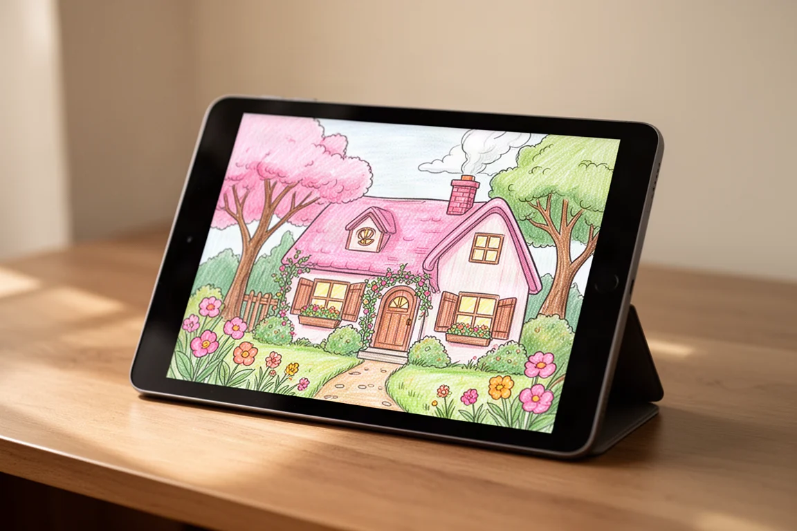 Afgewerkte digitale kleurpagina van een knus huisje in zachte pastelkleuren
