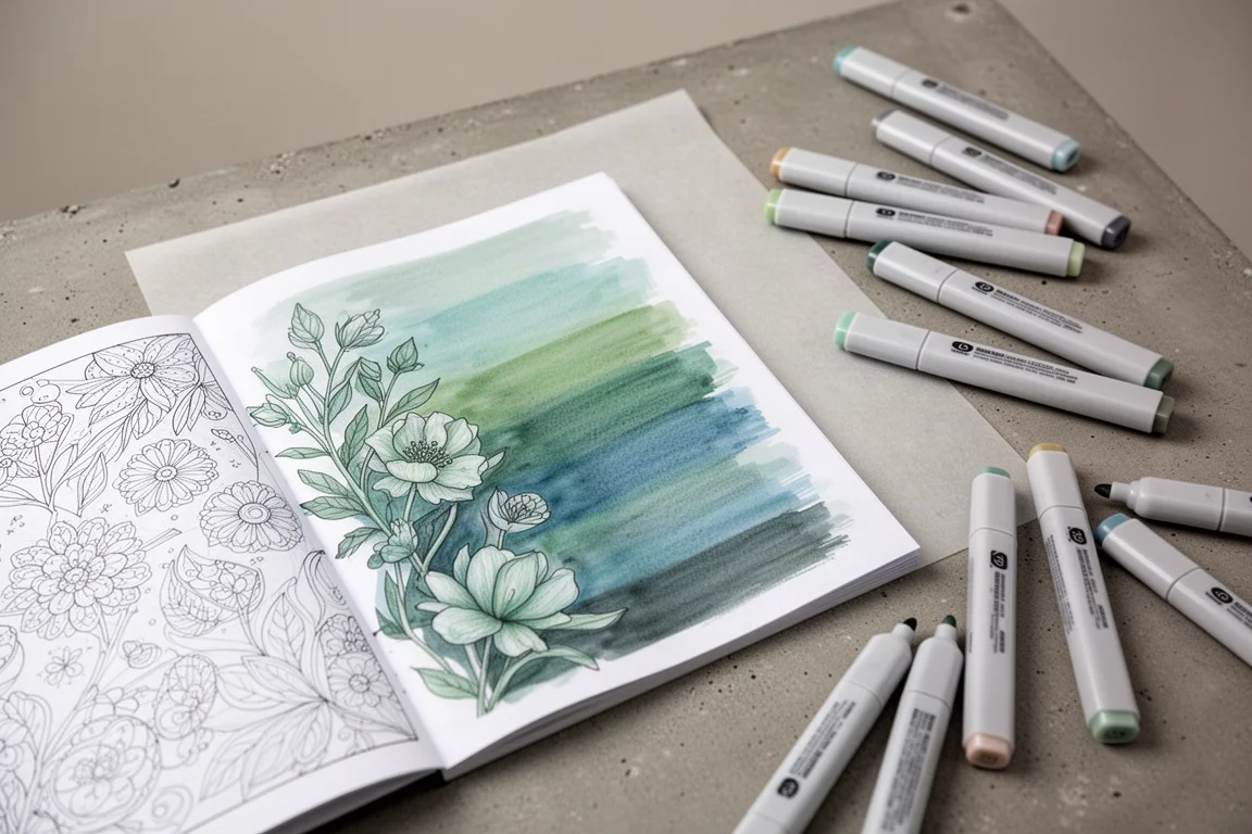 Colorazione con pennarello a base d'alcol in corso su una pagina di un libro da colorare con un foglio assorbente sotto