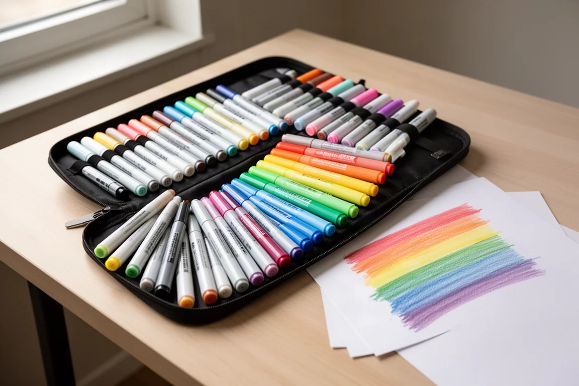 Estojo de marcadores aberto exibindo uma variedade de marcadores de arte coloridos à base de álcool