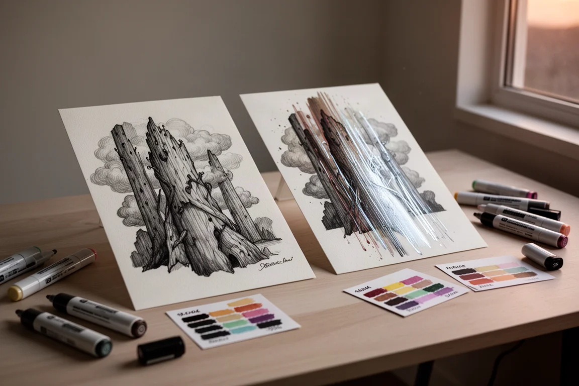 Obras de arte lado a lado desenhadas com conjuntos de marcadores diferentes