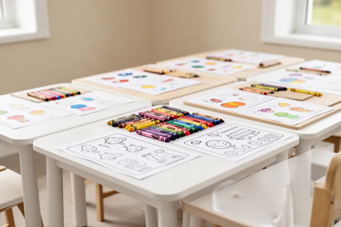 Mesas para colorear con hojas de actividades y ceras dispuestas en una zona de juegos luminosa