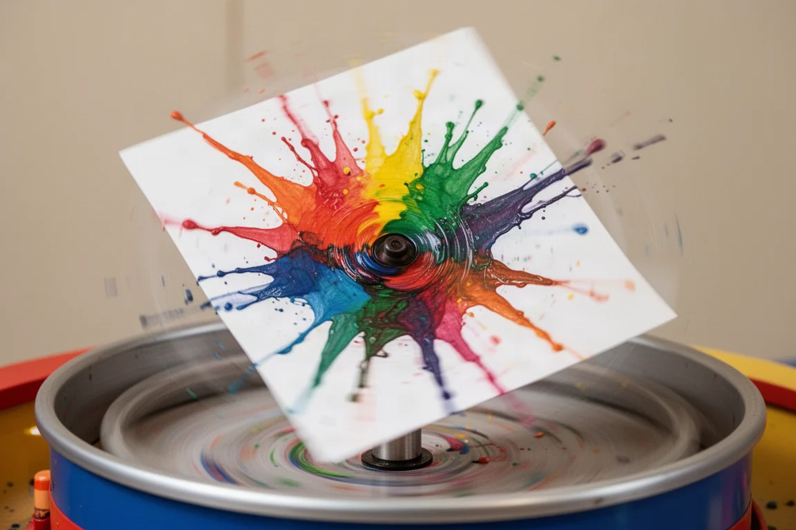 Máquina de arte giratoria en pleno giro con colores de cera derretida salpicando hacia afuera