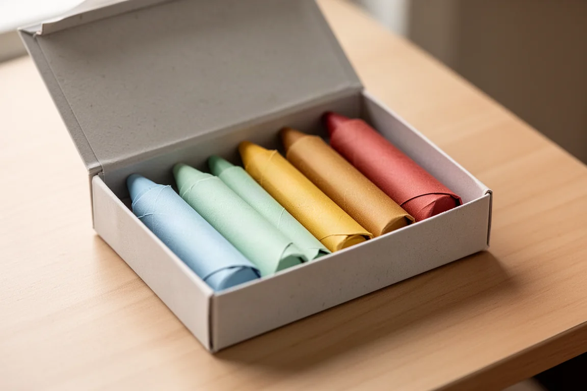 Une boîte de crayons ouverte montrant huit crayons de couleurs retirées enveloppés de papier