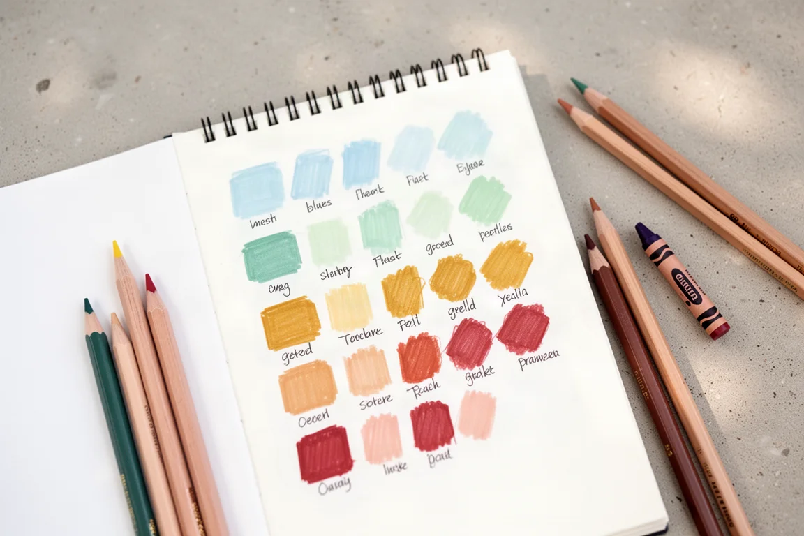 Une planche de nuances dessinée à la main comparant les teintes des crayons, feutres et crayons de couleur