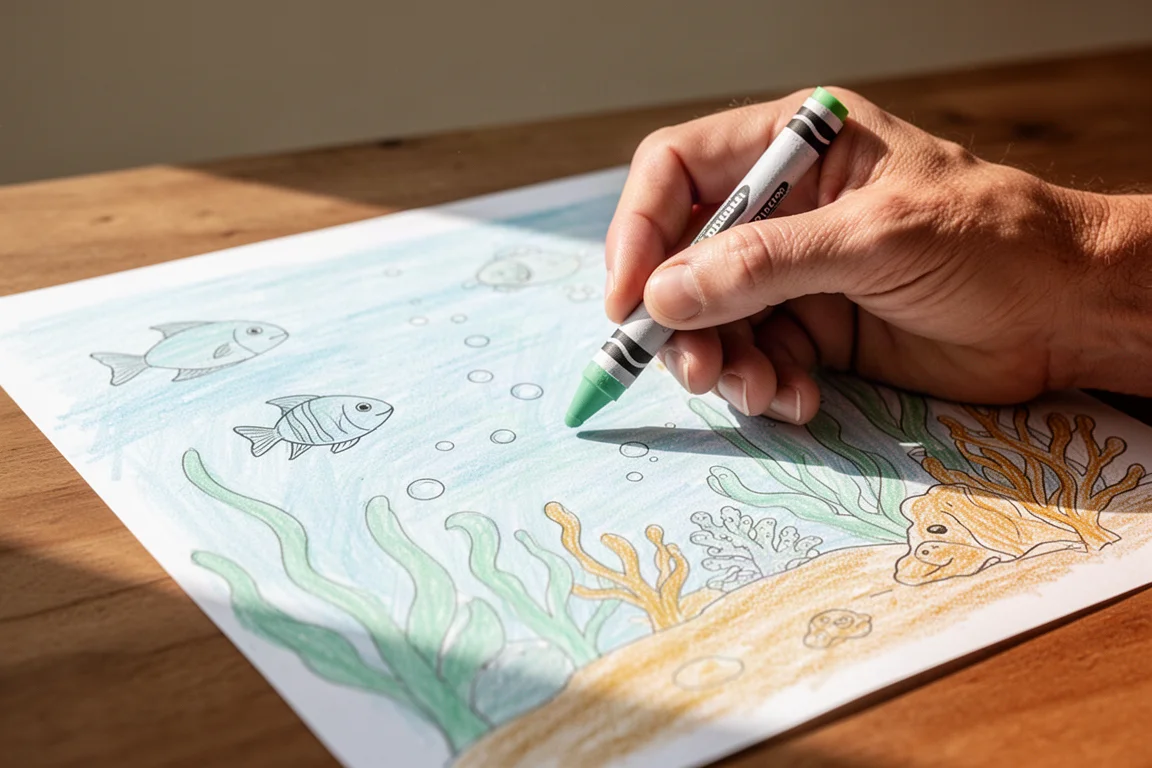 Une page de livre de coloriage en train d'être remplie avec des crayons sur un bureau